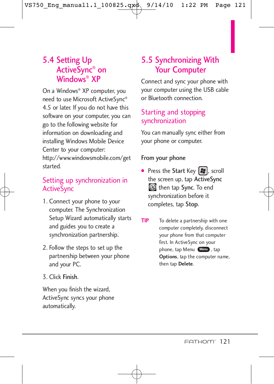 4 setting up activesync, On windows, 5 synchronizing with your computer | Setting up synchronization in activesync, Starting and stopping synchronization | LG -VS750 User Manual | Page 123 / 188