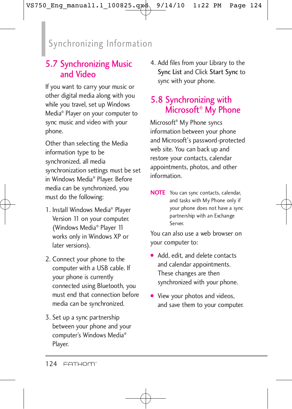 Synchronizing information, 7 synchronizing music and video, 8 synchronizing with microsoft | My phone | LG -VS750 User Manual | Page 126 / 188