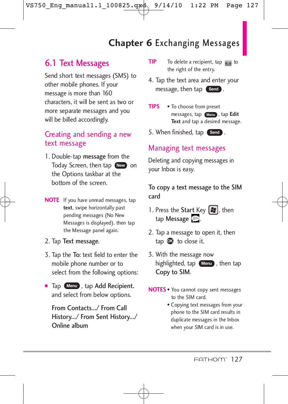 Chapter 6 exchanging messages, 1 text messages, Creating and sending a new text message | Managing text messages | LG -VS750 User Manual | Page 129 / 188