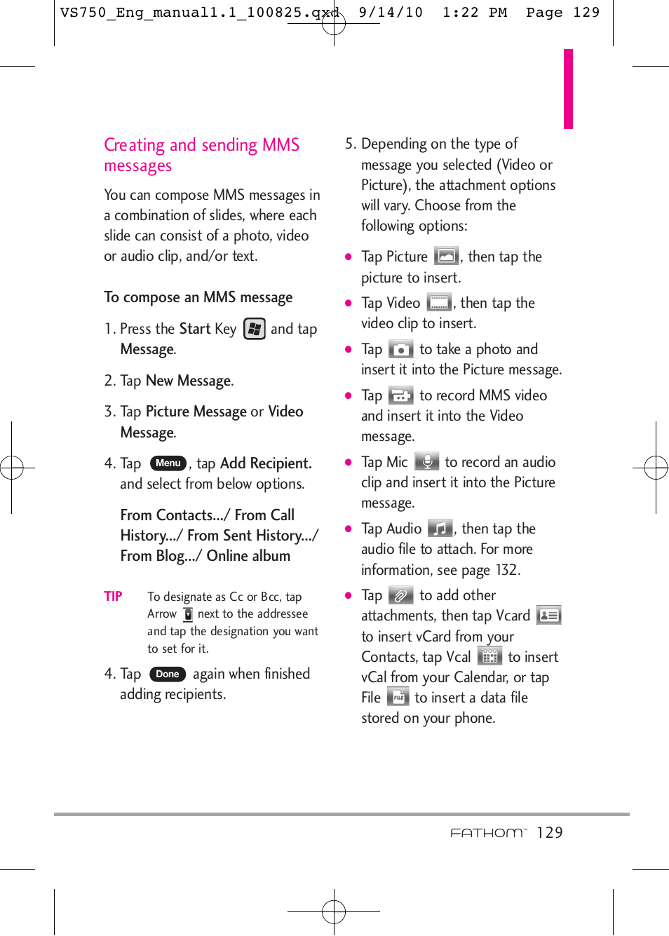 Creating and sending mms messages | LG -VS750 User Manual | Page 131 / 188