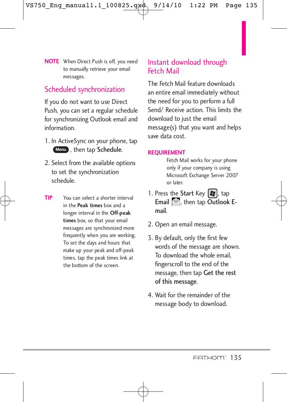 Scheduled synchronization, Instant download through fetch mail | LG -VS750 User Manual | Page 137 / 188