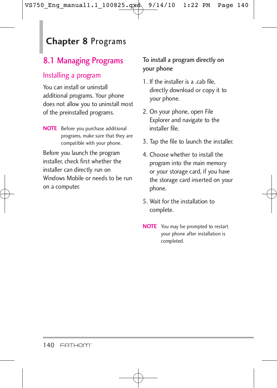 Chapter 8 programs, 1 managing programs, Installing a program | LG -VS750 User Manual | Page 142 / 188