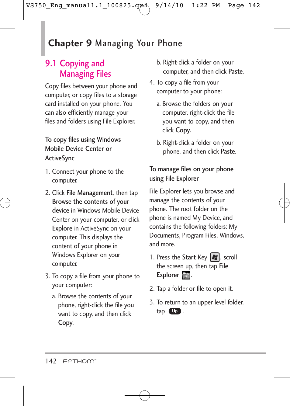 Chapter 9 managing your phone, 1 copying and managing files | LG -VS750 User Manual | Page 144 / 188