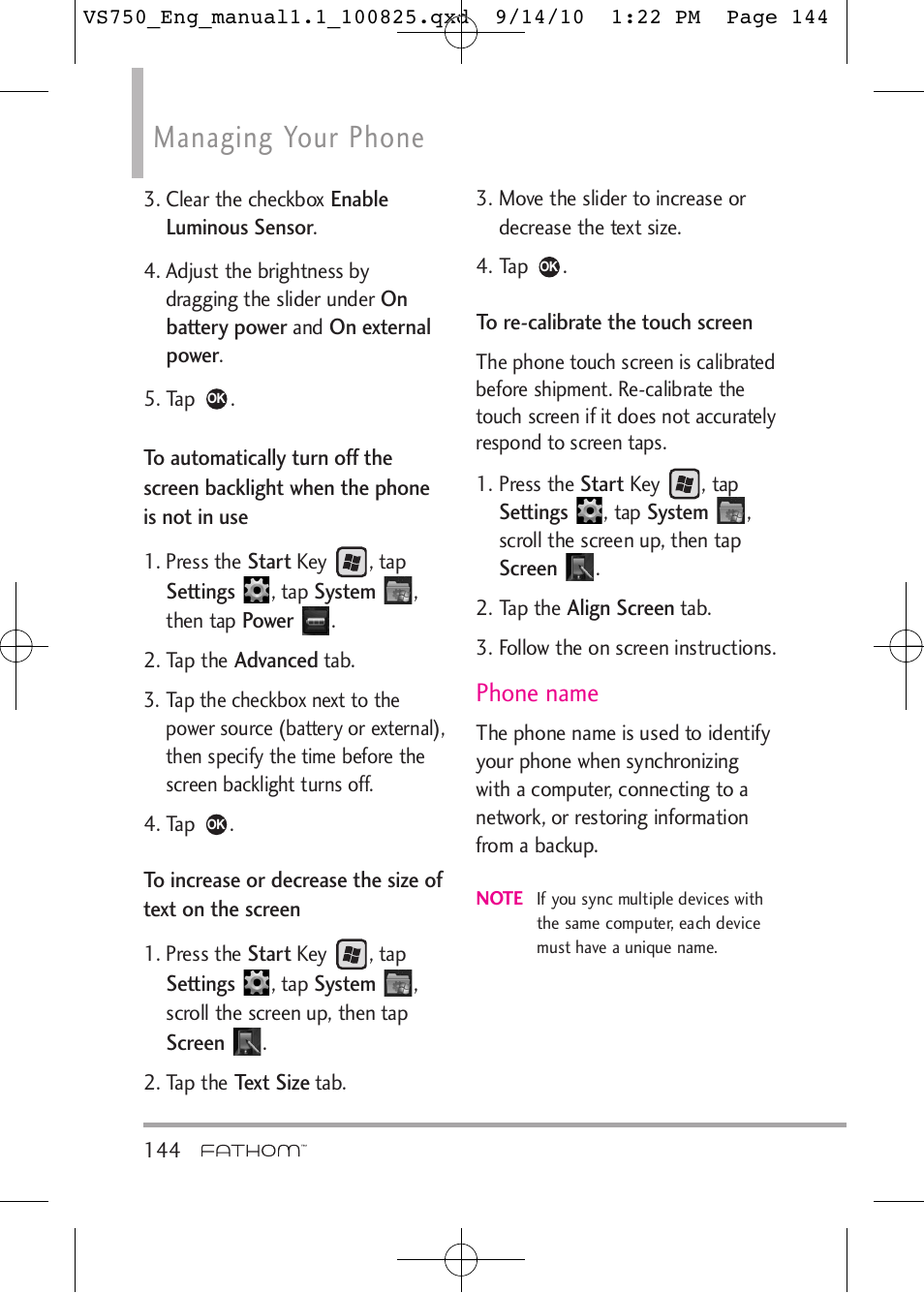 Managing your phone, Phone name | LG -VS750 User Manual | Page 146 / 188