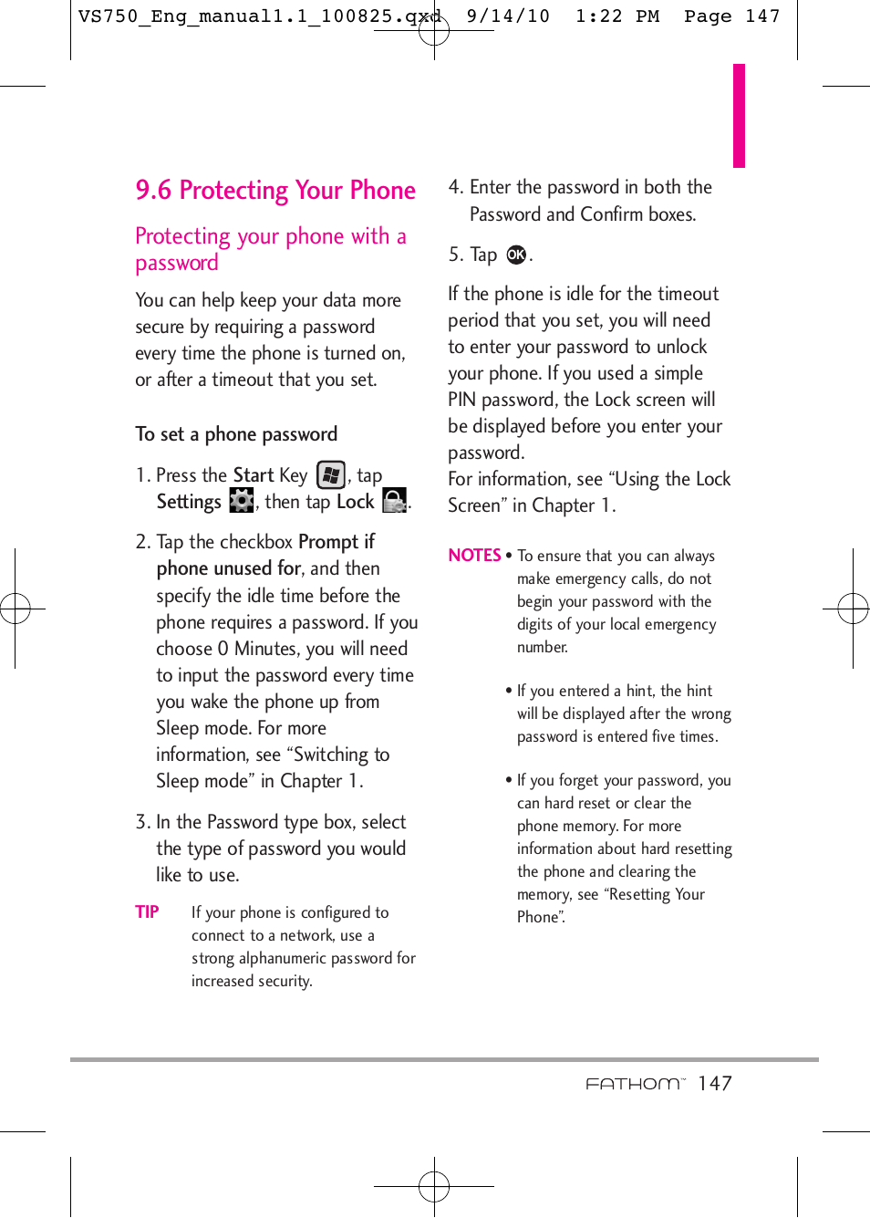 6 protecting your phone, Protecting your phone with a password | LG -VS750 User Manual | Page 149 / 188