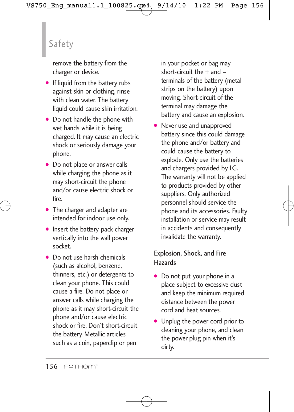 Safety, Explosion, shock, and fire hazards | LG -VS750 User Manual | Page 158 / 188