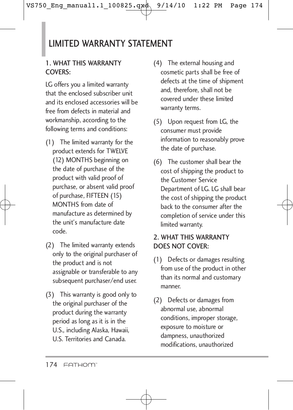 Limited warranty statement | LG -VS750 User Manual | Page 176 / 188