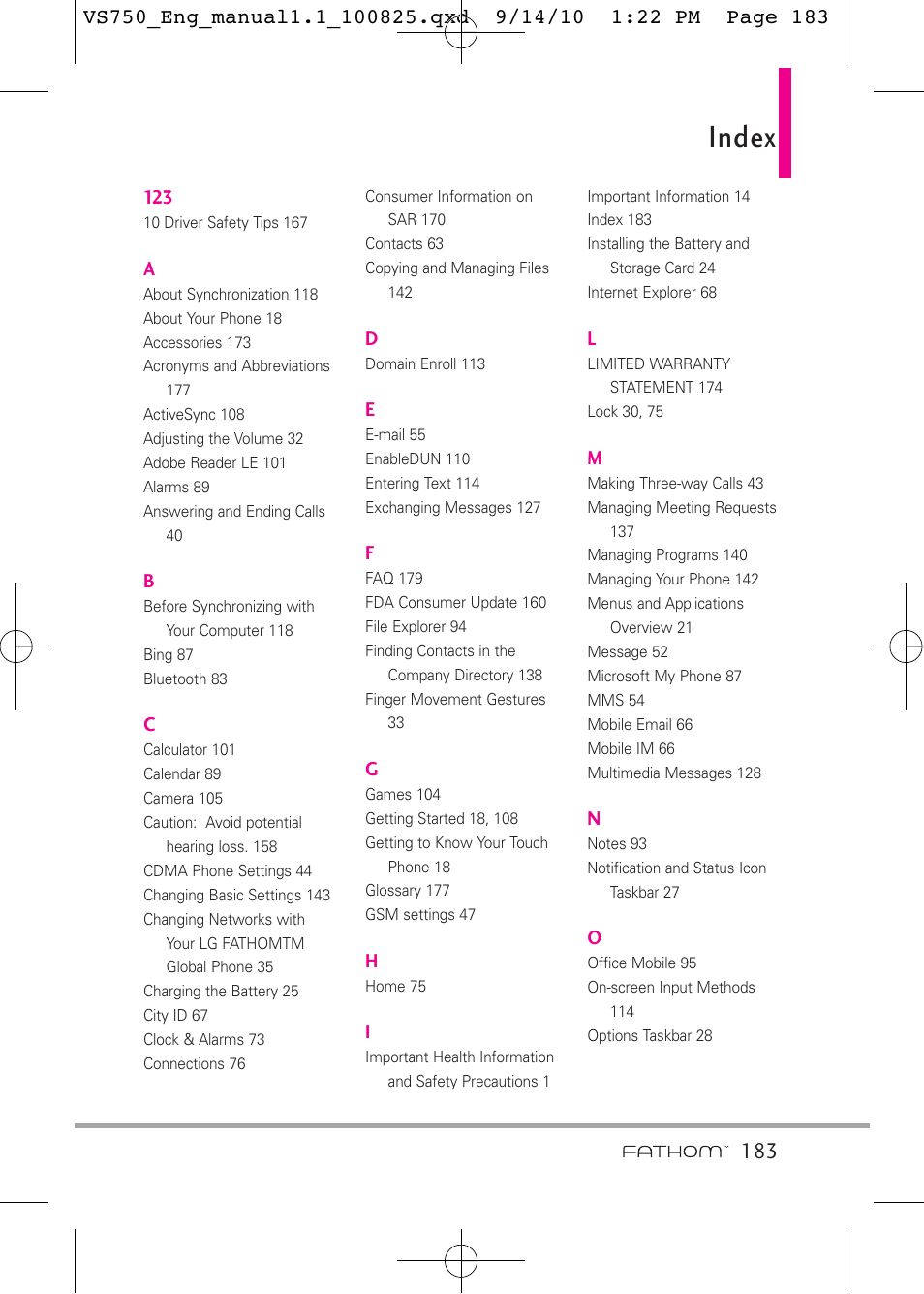 Index | LG -VS750 User Manual | Page 185 / 188