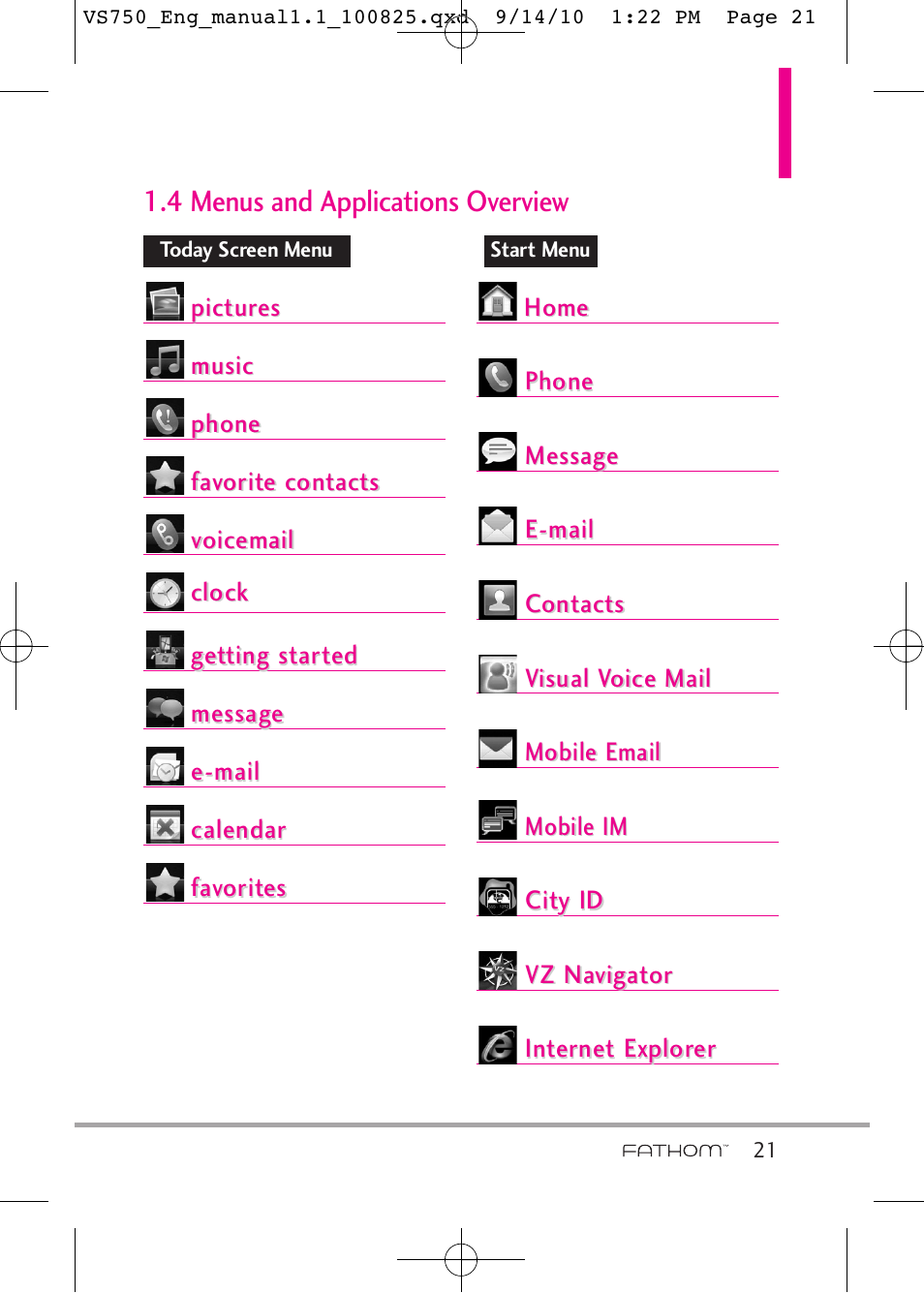 4 menus and applications overview | LG -VS750 User Manual | Page 23 / 188