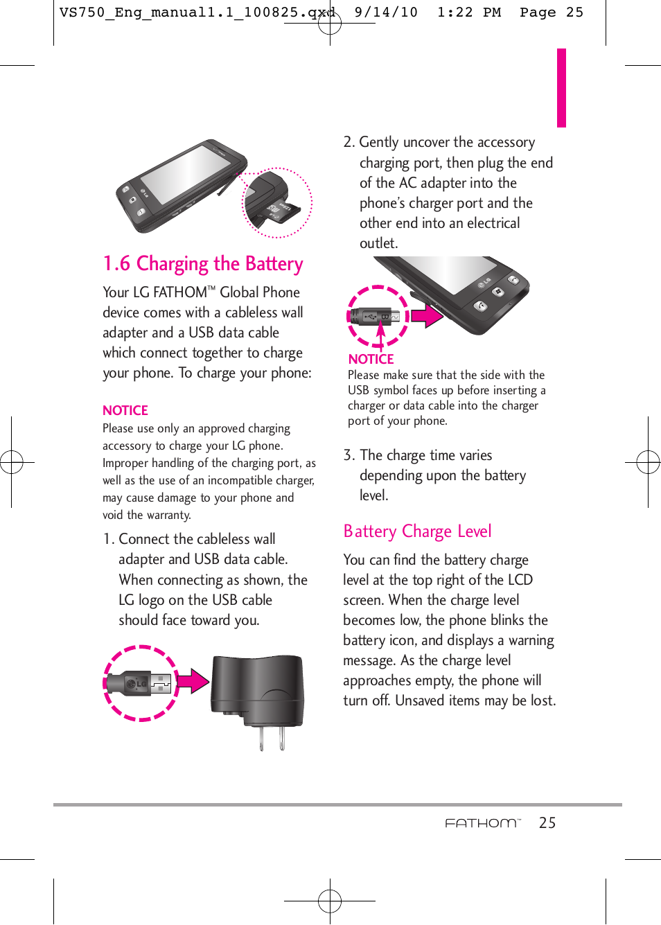 6 charging the battery, Battery charge level | LG -VS750 User Manual | Page 27 / 188