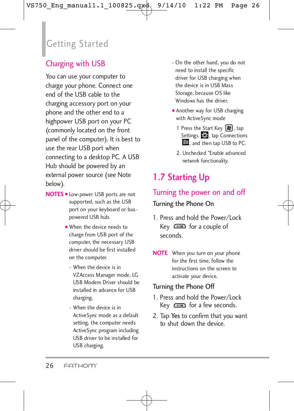 Getting started, 7 starting up, Charging with usb | Turning the power on and off | LG -VS750 User Manual | Page 28 / 188