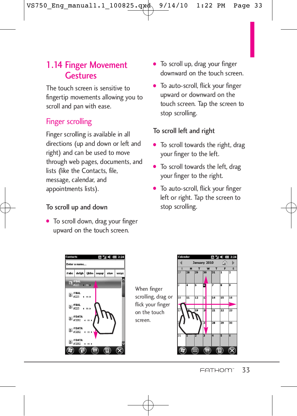 14 finger movement gestures, Finger scrolling | LG -VS750 User Manual | Page 35 / 188