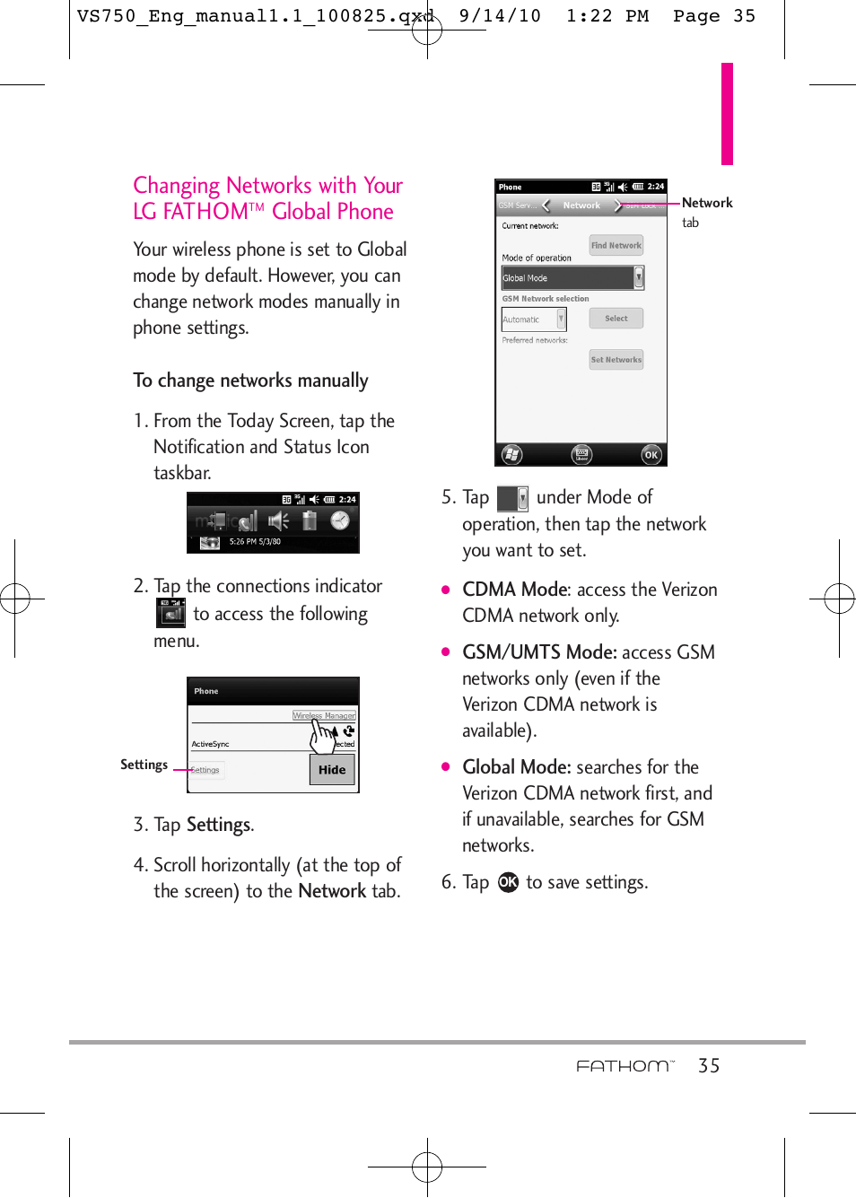 Changing networks with your lg fathom, Global phone | LG -VS750 User Manual | Page 37 / 188