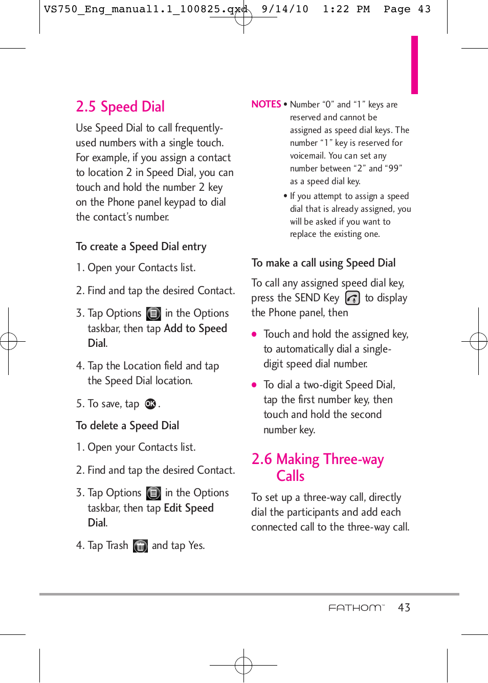 5 speed dial, 6 making three-way calls | LG -VS750 User Manual | Page 45 / 188