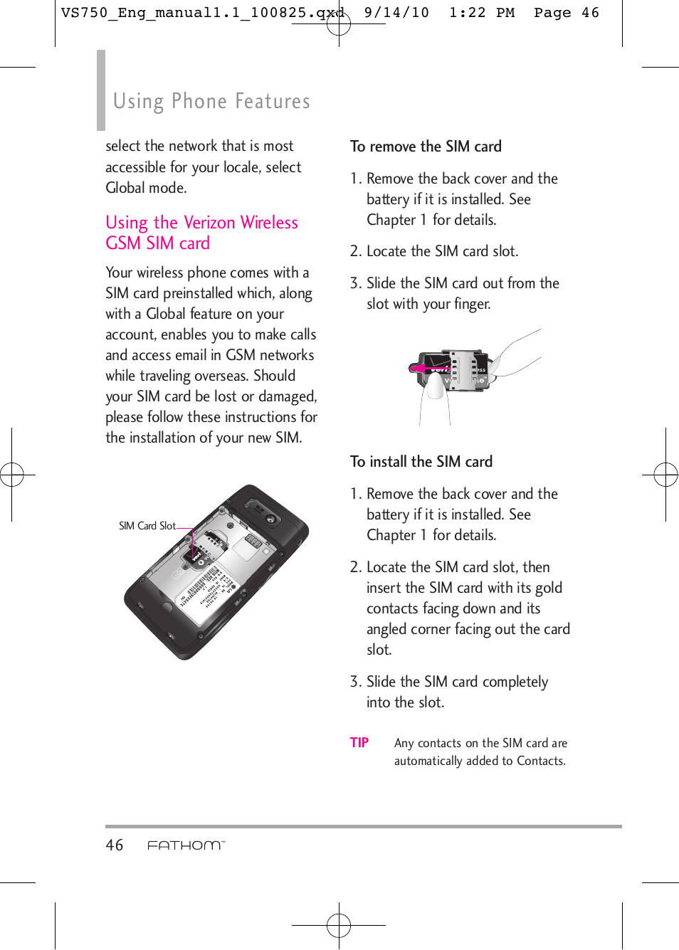 Using phone features, Using the verizon wireless gsm sim card | LG -VS750 User Manual | Page 48 / 188