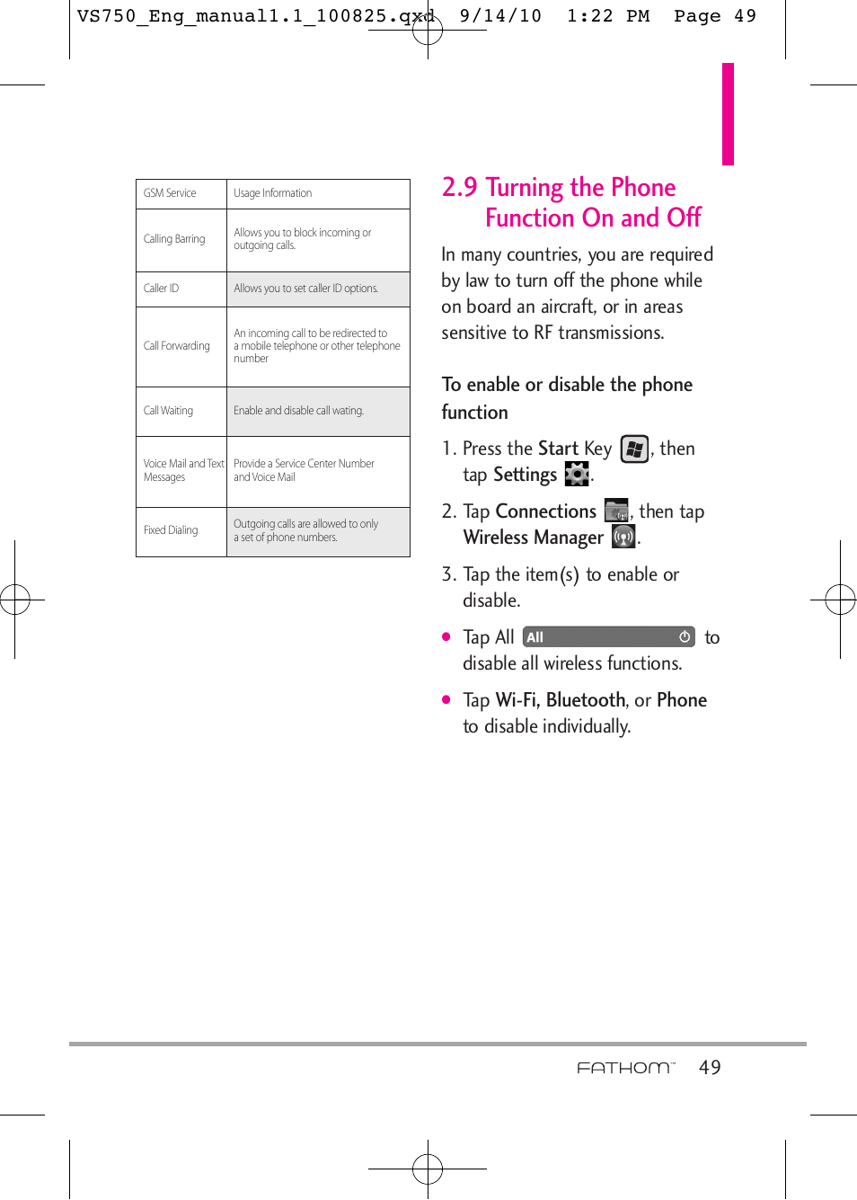 9 turning the phone function on and off, Start, Settings | Connections, Wireless manager, Wi-fi, bluetooth, Phone | LG -VS750 User Manual | Page 51 / 188