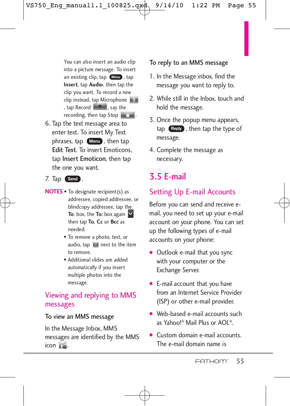 5 e-mail, Viewing and replying to mms messages, Setting up e-mail accounts | LG -VS750 User Manual | Page 57 / 188