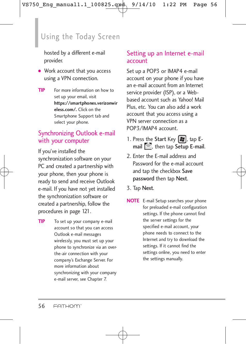 Using the today screen, Synchronizing outlook e-mail with your computer, Setting up an internet e-mail account | LG -VS750 User Manual | Page 58 / 188