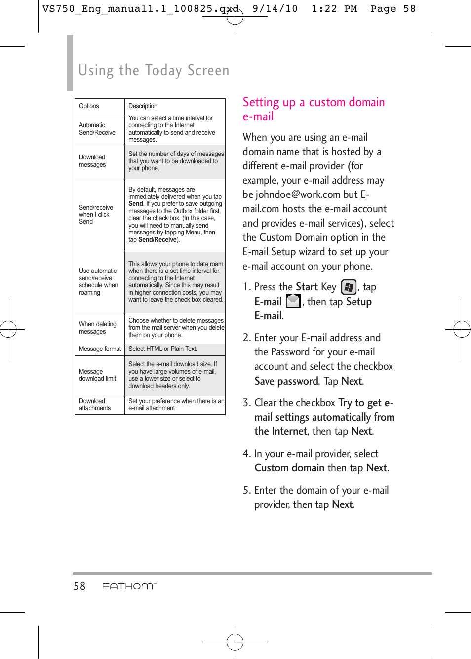 Using the today screen, Setting up a custom domain e-mail, Start | E-mail, Setup e-mail, Save password, Next, Custom domain | LG -VS750 User Manual | Page 60 / 188