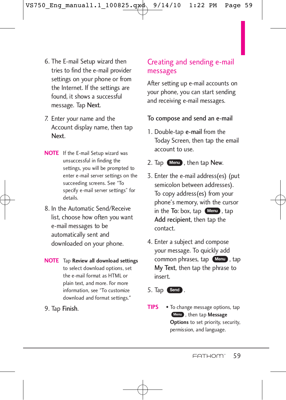 Creating and sending e-mail messages | LG -VS750 User Manual | Page 61 / 188