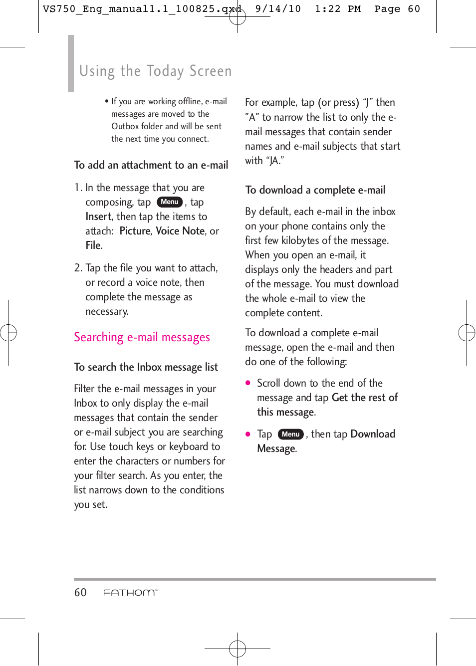 Using the today screen, Searching e-mail messages | LG -VS750 User Manual | Page 62 / 188