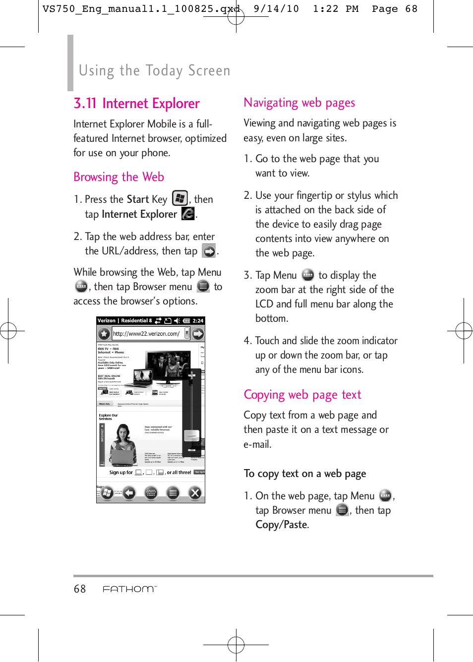 Using the today screen, 11 internet explorer | LG -VS750 User Manual | Page 70 / 188