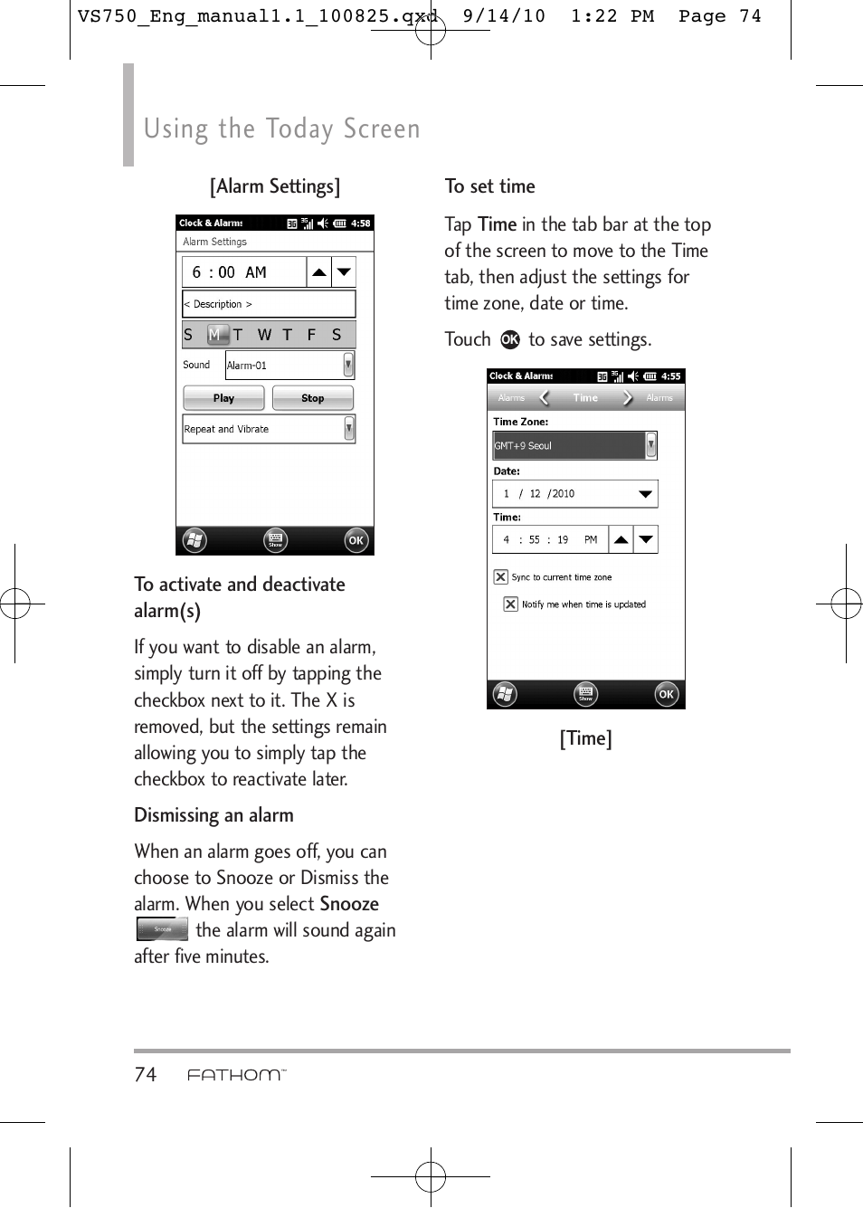 Using the today screen | LG -VS750 User Manual | Page 76 / 188