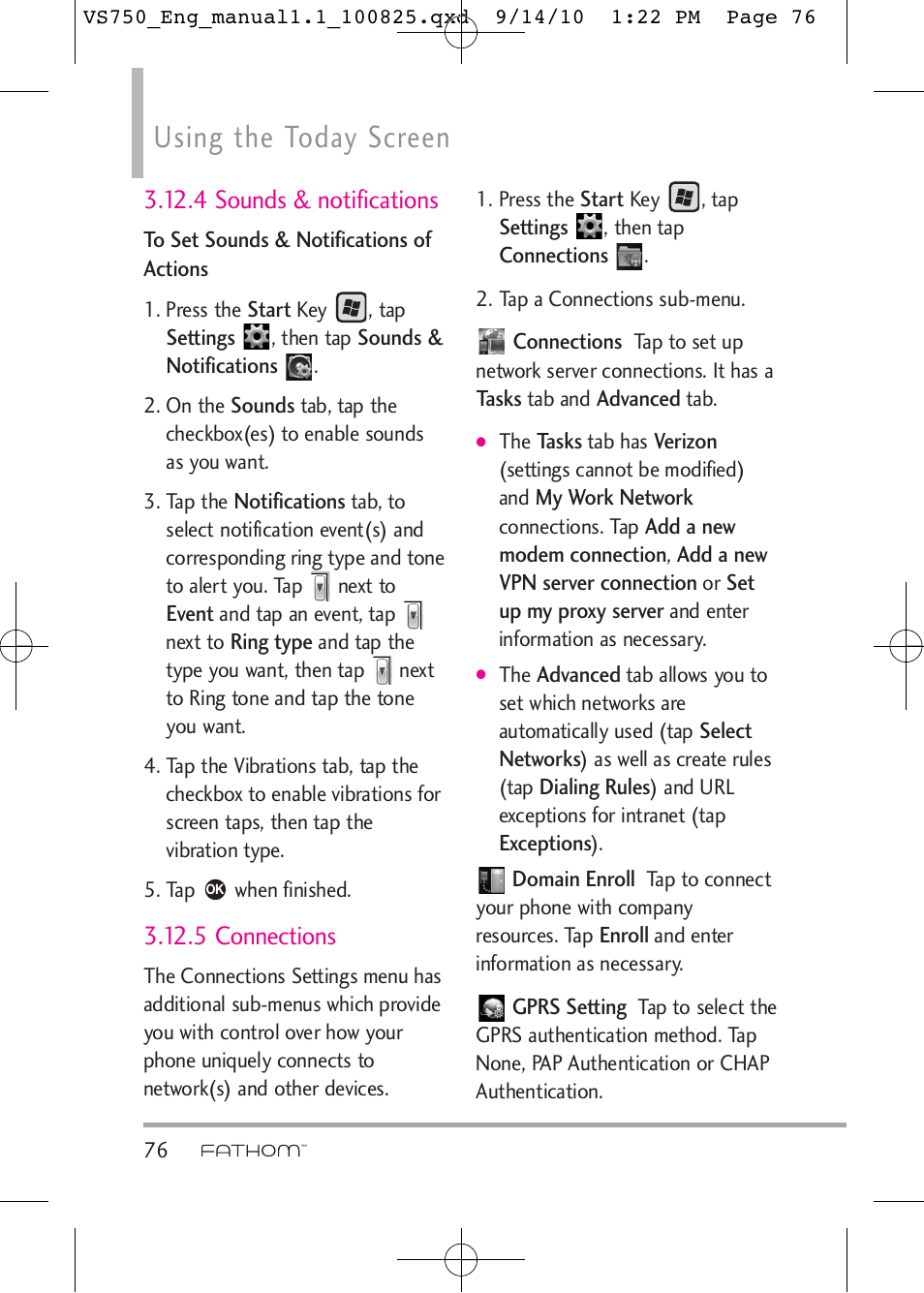 Using the today screen, 4 sounds & notifications, 5 connections | LG -VS750 User Manual | Page 78 / 188