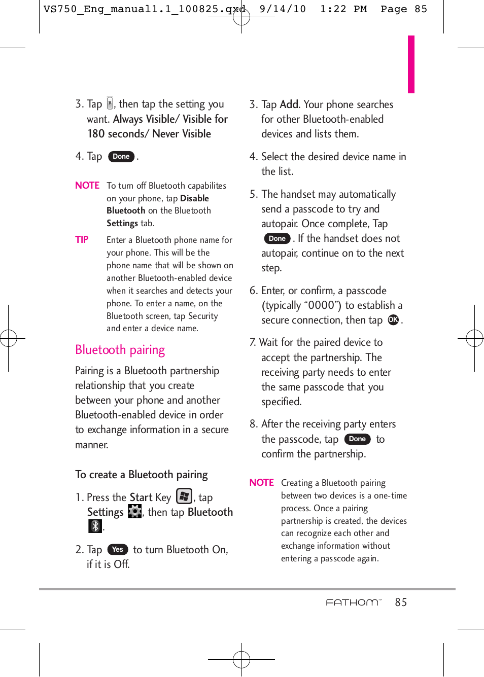 Bluetooth pairing | LG -VS750 User Manual | Page 87 / 188