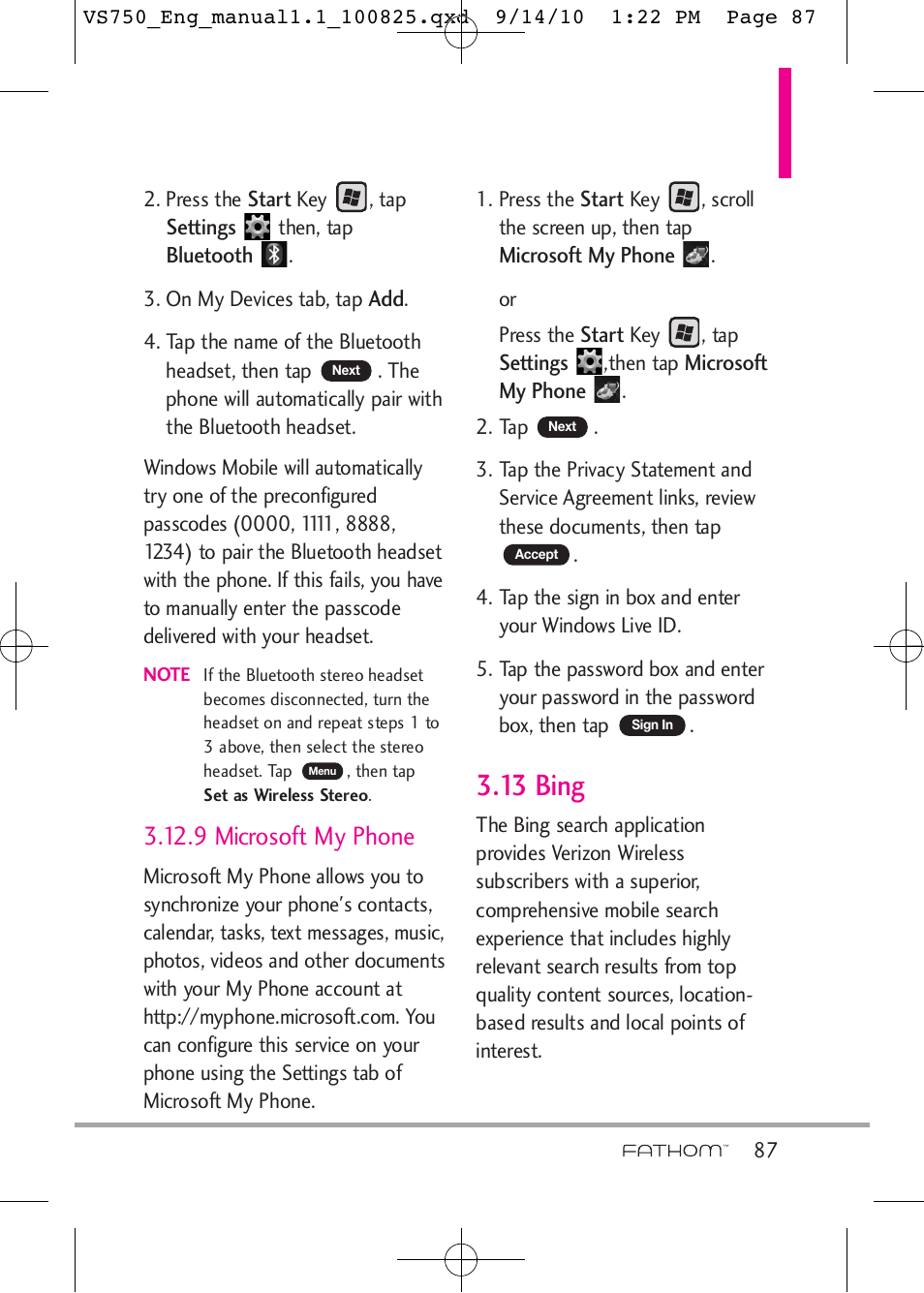 13 bing, 9 microsoft my phone | LG -VS750 User Manual | Page 89 / 188