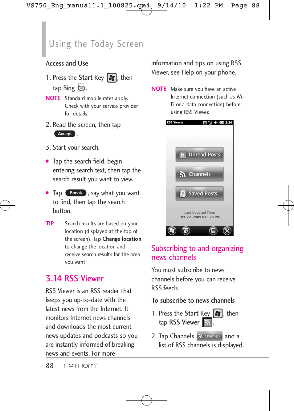 Using the today screen, 14 rss viewer, Subscribing to and organizing news channels | LG -VS750 User Manual | Page 90 / 188