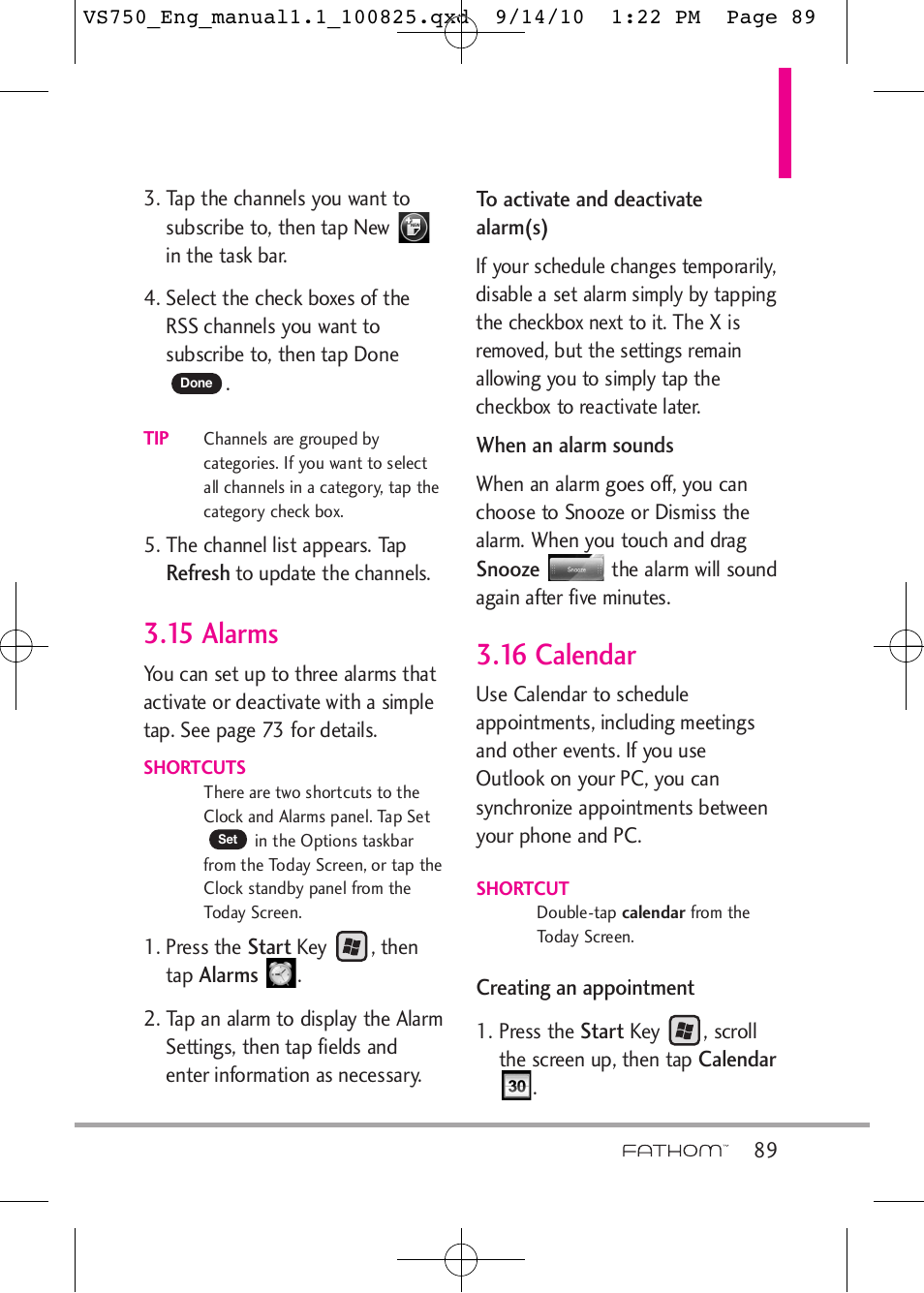 15 alarms, 16 calendar | LG -VS750 User Manual | Page 91 / 188