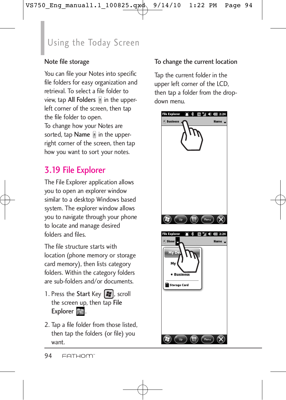 Using the today screen, 19 file explorer | LG -VS750 User Manual | Page 96 / 188