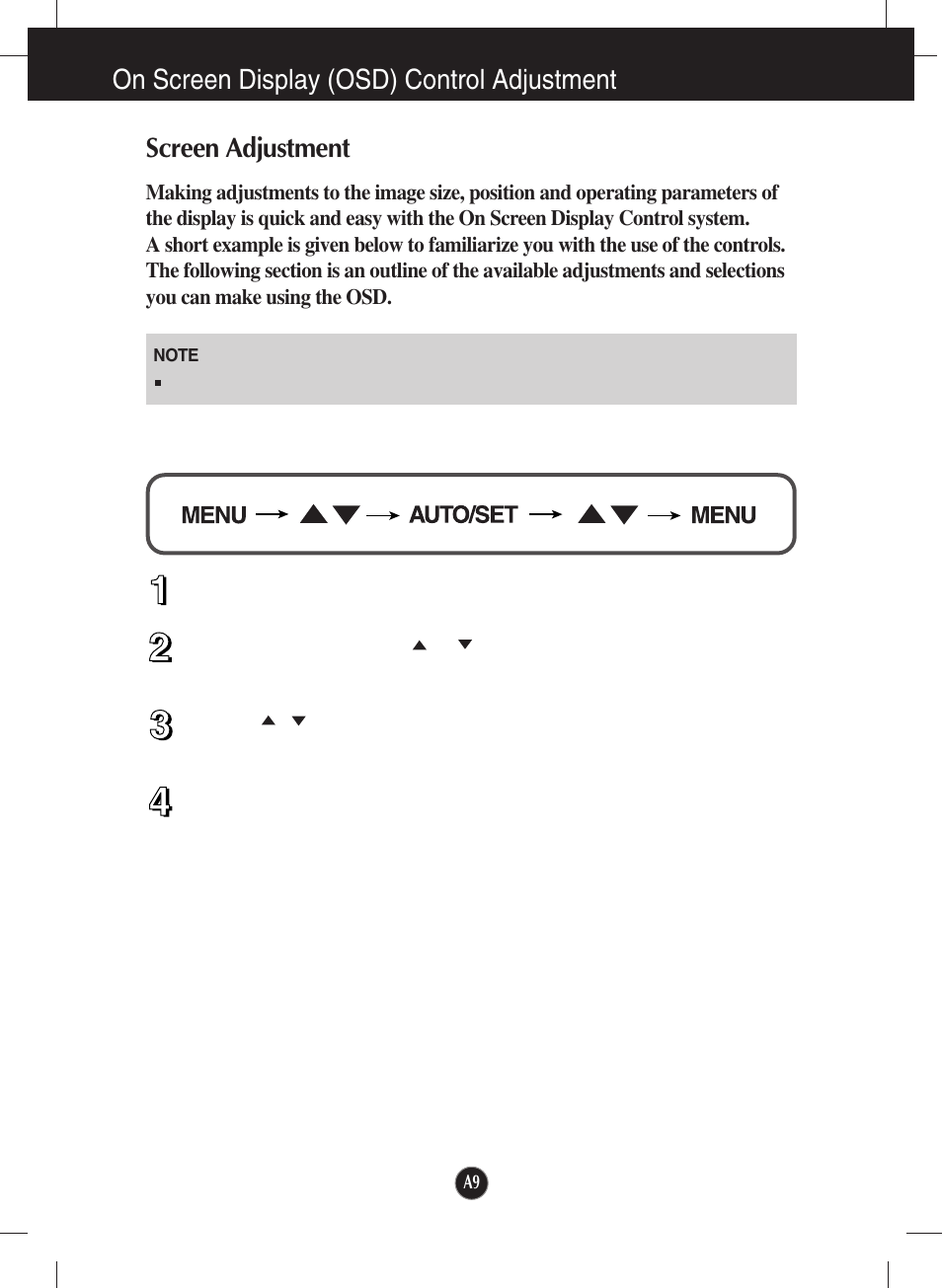 On screen display (osd) control adjustment, Screen adjustment | LG W1934S-SN User Manual | Page 10 / 27