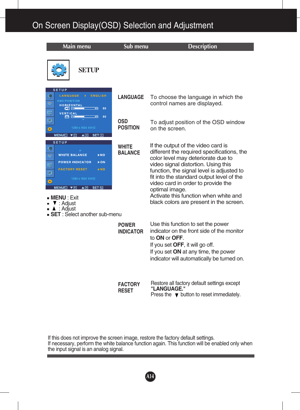 Setup, On screen display(osd) selection and adjustment | LG W1934S-SN User Manual | Page 15 / 27