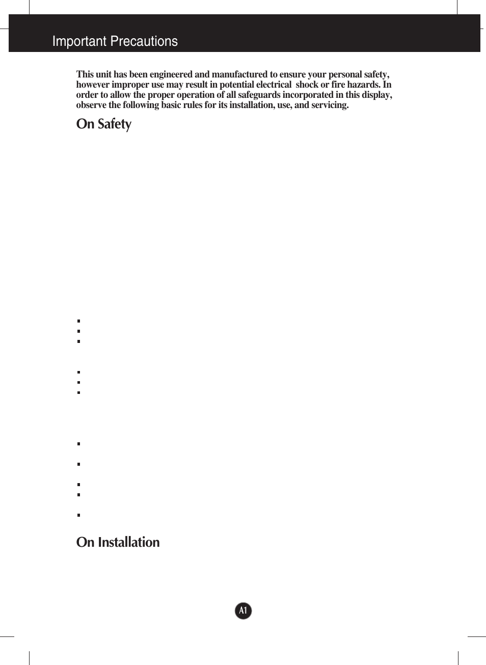 Important precautions, On safety, On installation | LG W1934S-SN User Manual | Page 2 / 27
