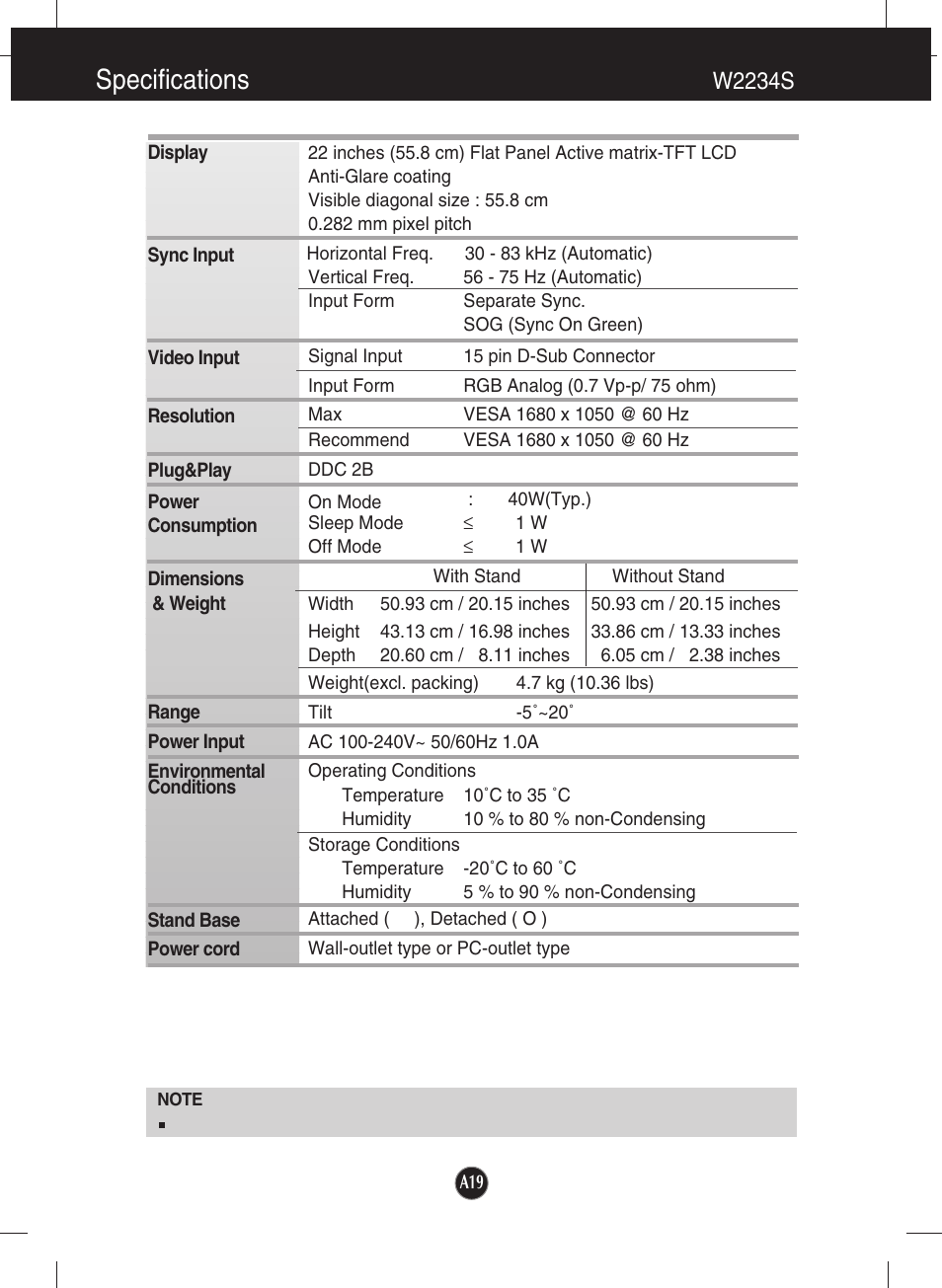 W2234s, Specifications | LG W1934S-SN User Manual | Page 20 / 27