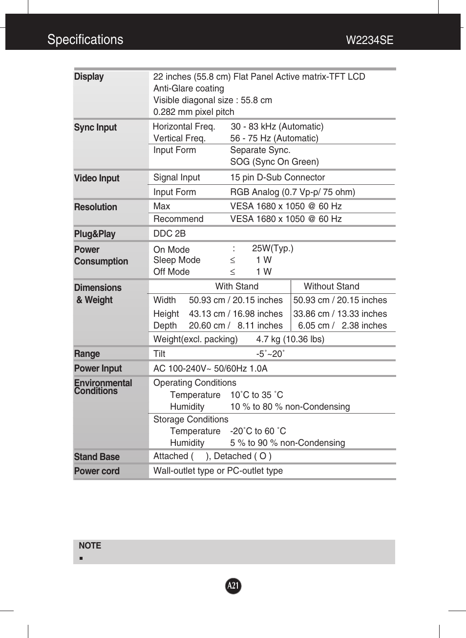 W2234se, Specifications | LG W1934S-SN User Manual | Page 22 / 27