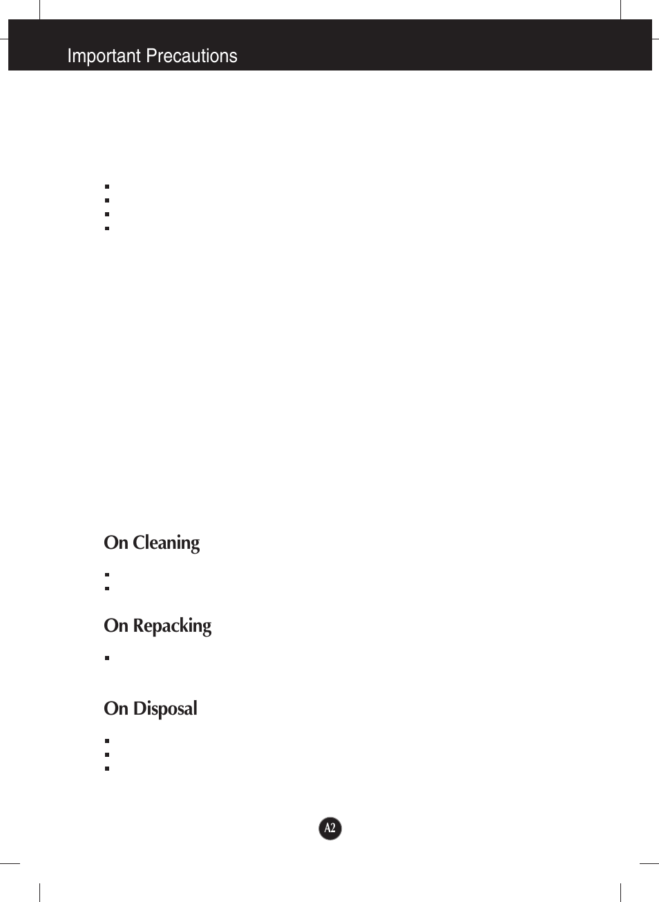 On cleaning, On repacking, On disposal | Important precautions | LG W1934S-SN User Manual | Page 3 / 27
