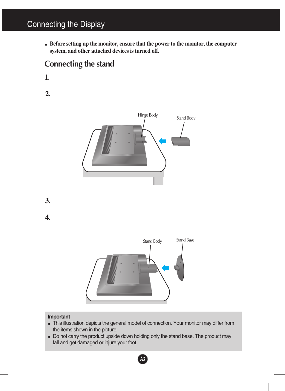 Connecting the display, Connecting the stand | LG W1934S-SN User Manual | Page 4 / 27