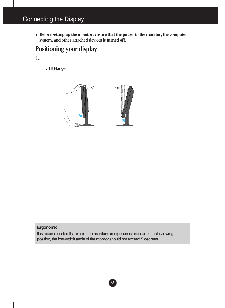 Positioning your display, Connecting the display | LG W1934S-SN User Manual | Page 6 / 27