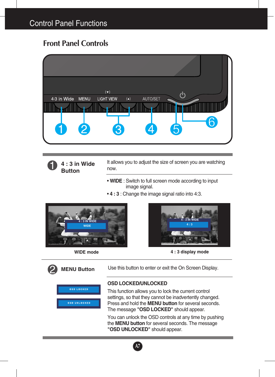 Control panel functions, Front panel controls | LG W1934S-SN User Manual | Page 8 / 27