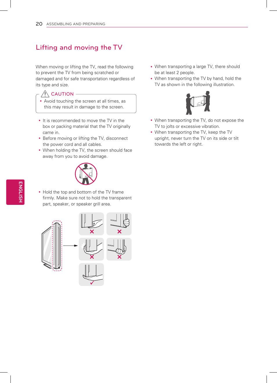 Lifting and moving the tv | LG 47LS4500 User Manual | Page 20 / 48