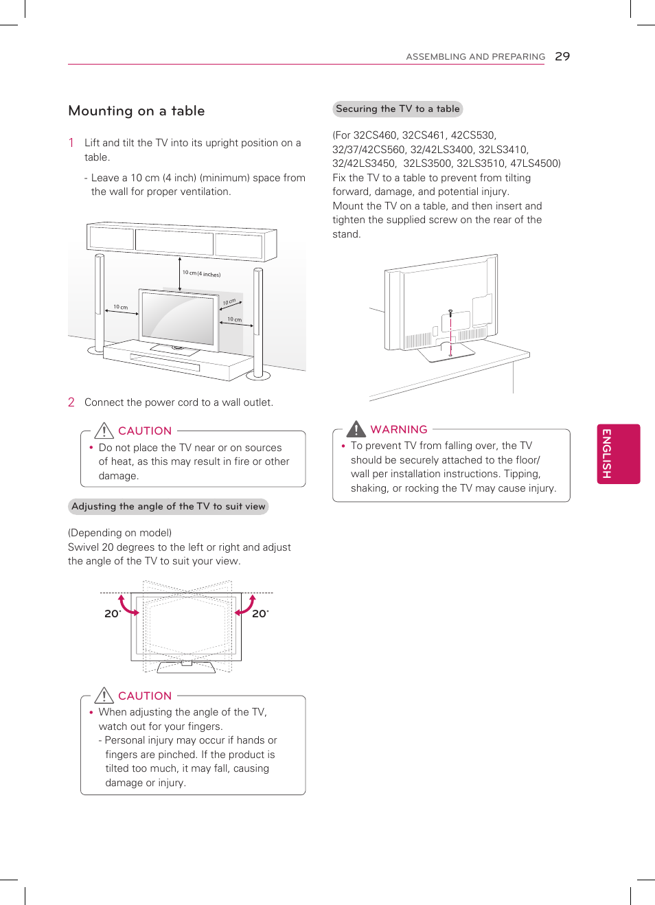 Mounting on a table | LG 47LS4500 User Manual | Page 29 / 48
