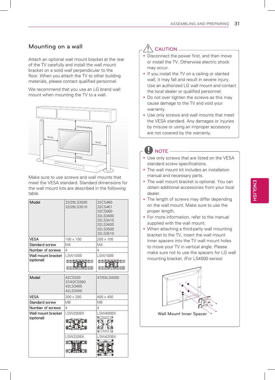 Mounting on a wall, English 31, Caution | LG 47LS4500 User Manual | Page 31 / 48