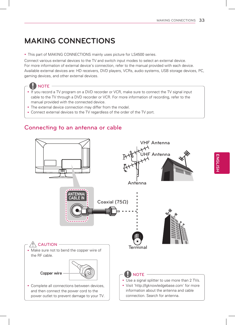 Making connections, Connecting to an antenna or cable | LG 47LS4500 User Manual | Page 33 / 48