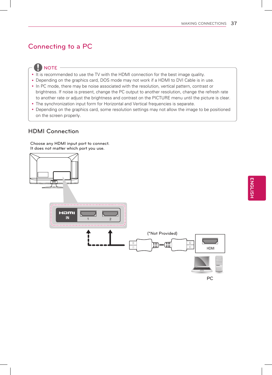 Connecting to a pc, Hdmi connection | LG 47LS4500 User Manual | Page 37 / 48