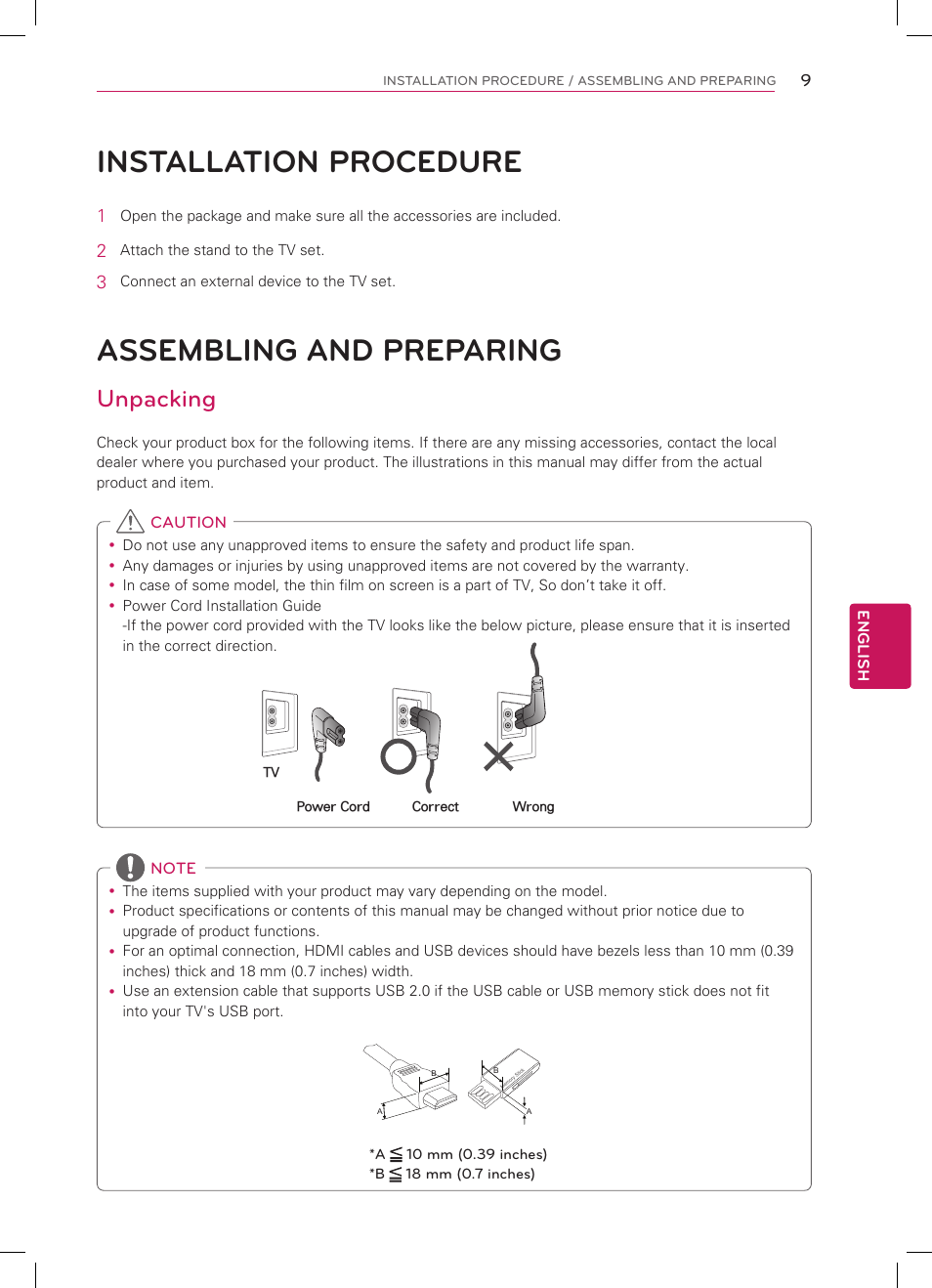 Installation procedure, Assembling and preparing, Unpacking | LG 47LS4500 User Manual | Page 9 / 48