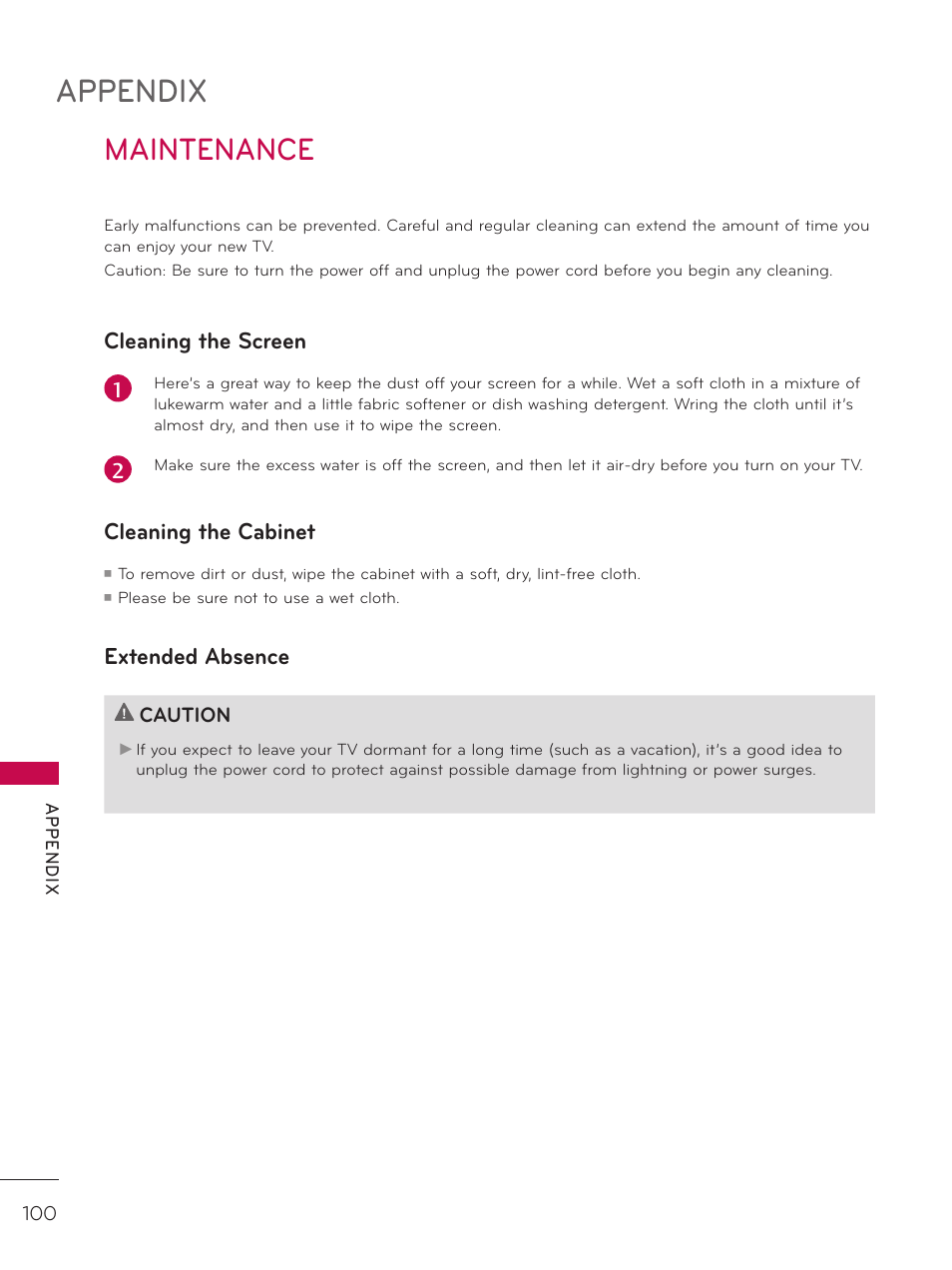 Maintenance, Appendix, Cleaning the screen | Cleaning the cabinet, Extended absence | LG 37LD325H User Manual | Page 100 / 212