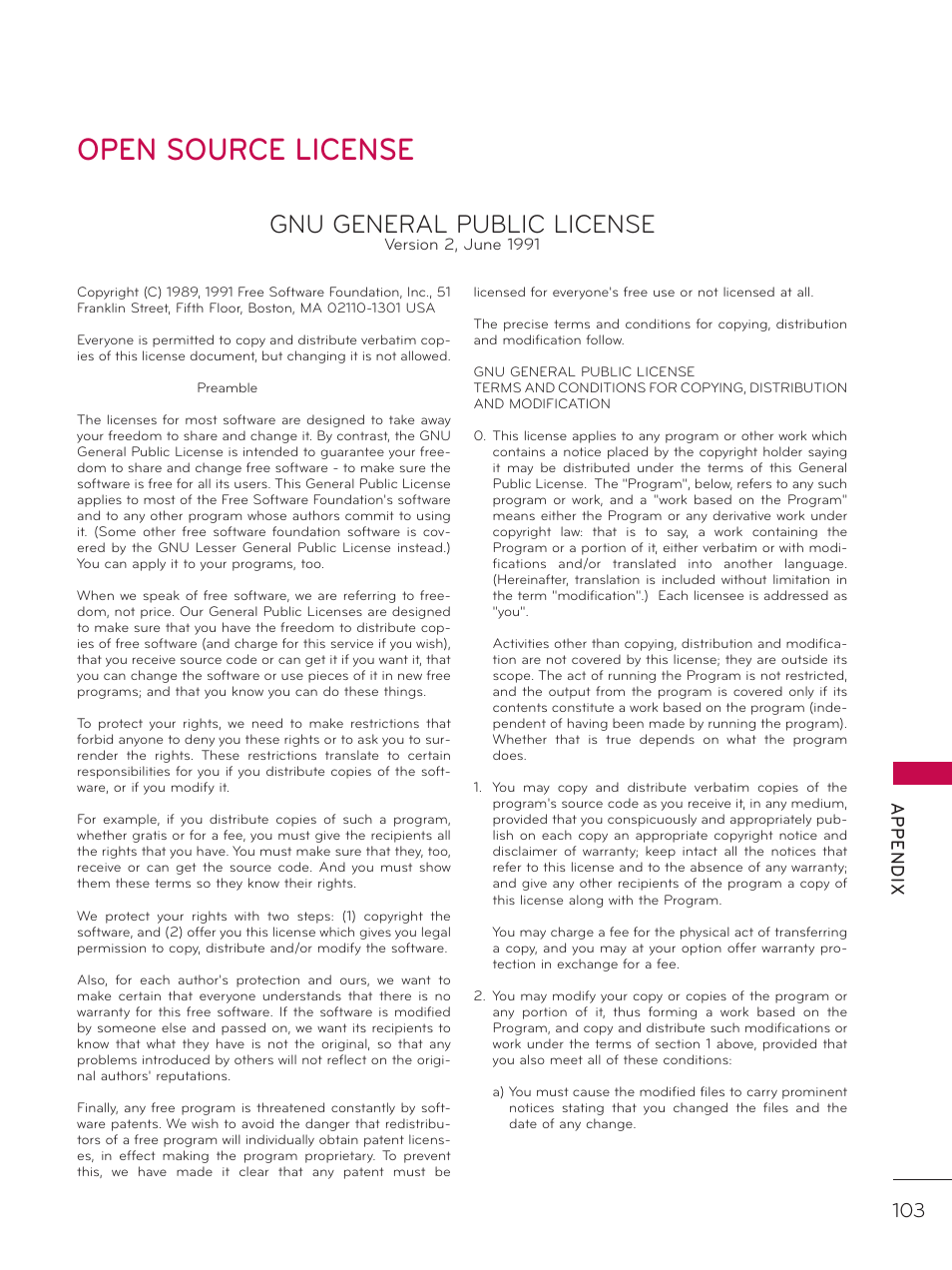 Open source license, Gnu general public license, Ap p en d ix | LG 37LD325H User Manual | Page 103 / 212